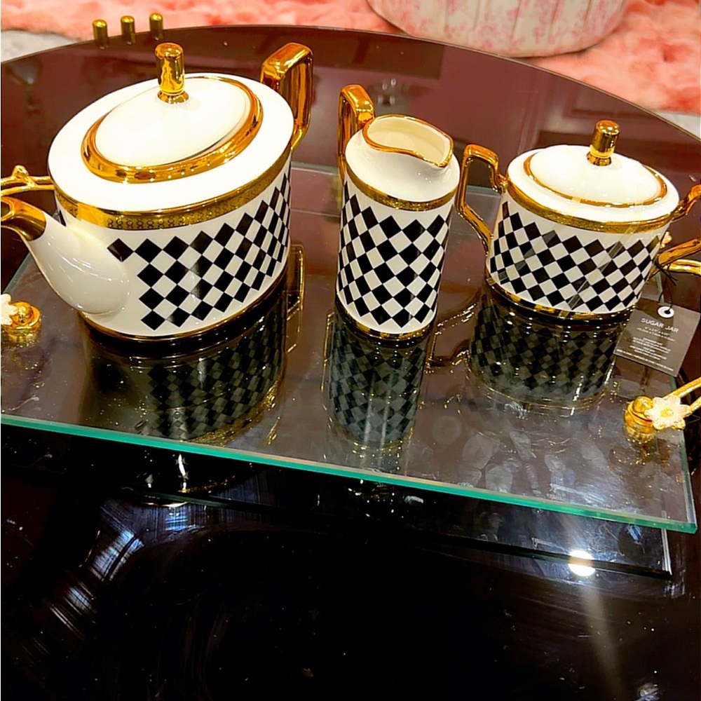 Black & White Diamond Porcelain Tea Set with Gold Trim